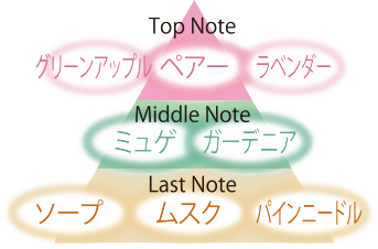 トップノート＝グリーンアップル、ペアー、ラベンダー　ミドルノート＝ミュゲ、ガーデニア　ラストノート＝ソープ、ムスク、パインニードル