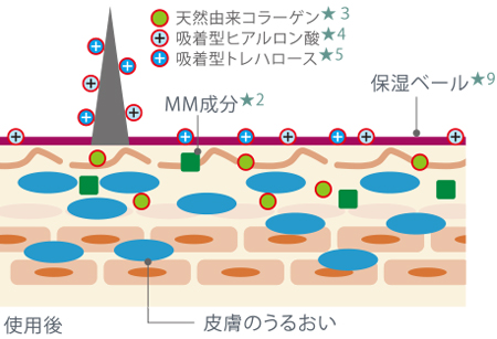 天然由来のMM成分が乾燥しやすい皮膚の水分バランスを整え、フケの発生を抑えます。
保湿ベールが被膜を形成し、しっかり保湿します